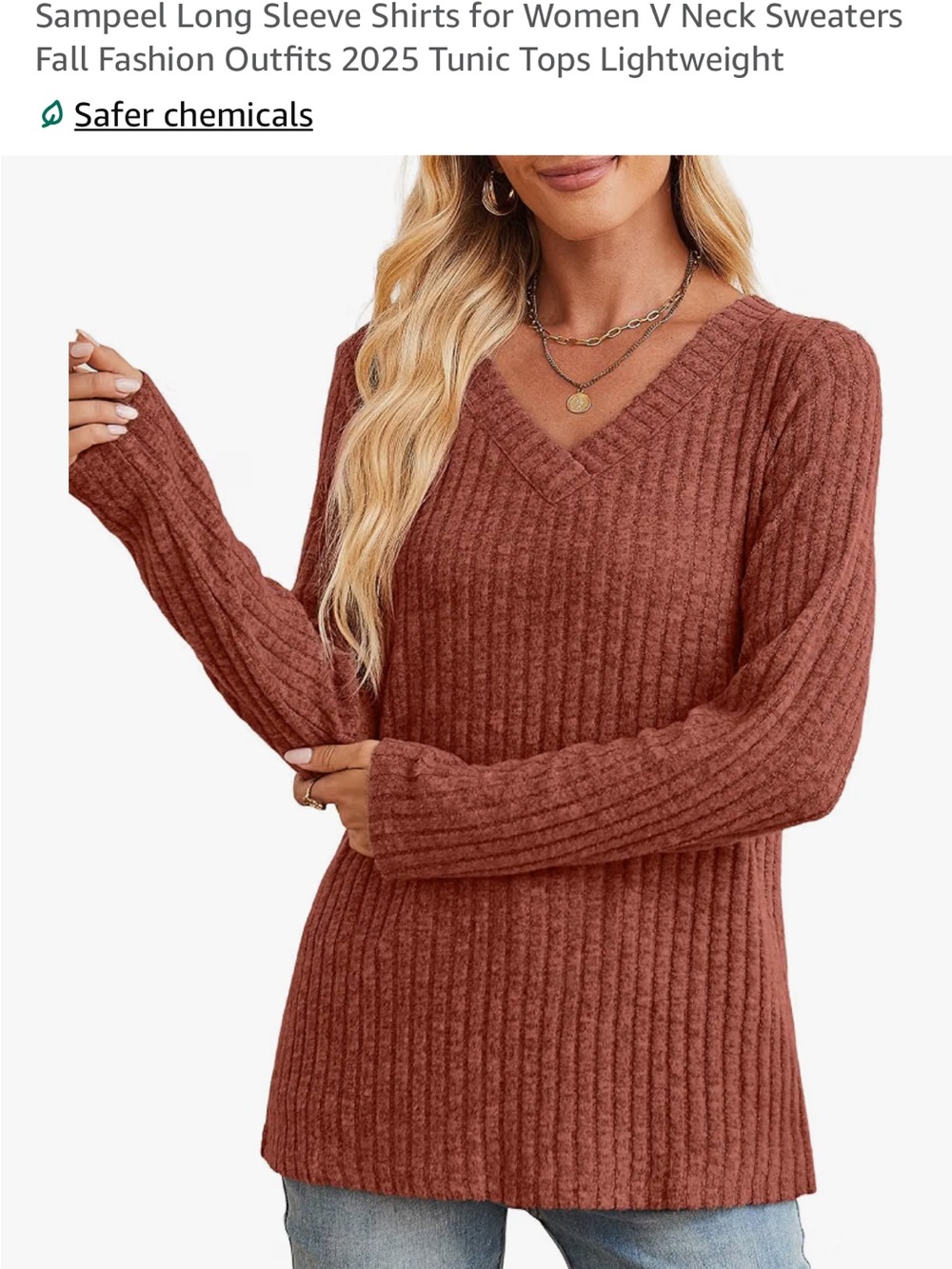 Women's V-Neck Ribbed Sweater in Rust - Picture 2 of 4
